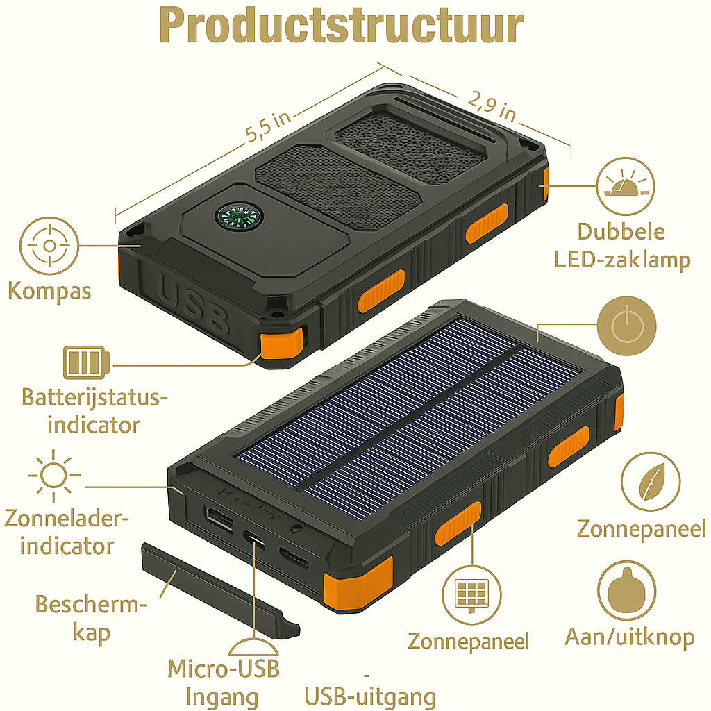 Voltura I Zonne-energie powerbank - Incl. zaklamp - Kompas